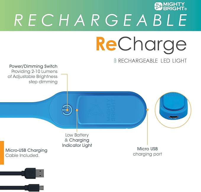 The Original Mighty Bright Recharge Clip On Rechargeable Book Light Reading Light, Warm Eye Care LEDs, Flexible, Durable, Dimmable, Perfect for Kids, Bookworms, Reading in Bed, Lasts 60 Hours (Blue)