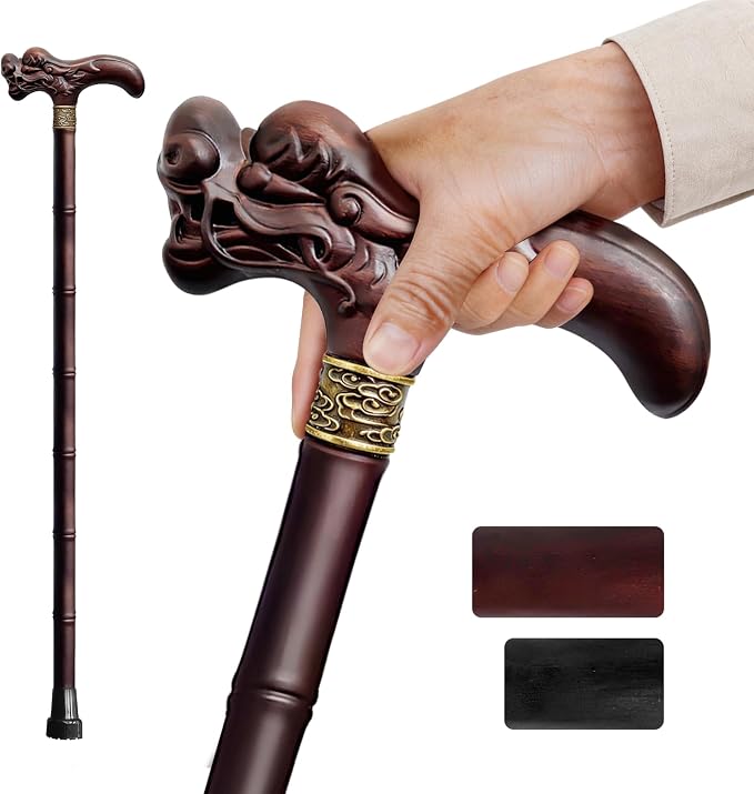 Wooden Walking Cane, 3D Dragon Engraved Cane Support up to 400 lb, Canes for Seniors Men Women of Different Heights