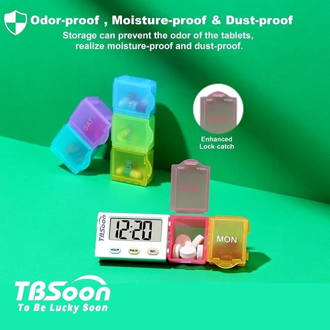 [4 in 1] 7 Day Medicine Pill Organizer+5 Reminder Alarms+Timer+Clock,Large Compartment,Loud Sound,Large Screen,Moisture-Proof,Dust-Proof,Travel Weekly/Daily Pill Box/Organizer/Case/Container/Dispenser