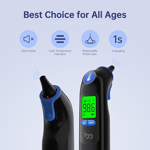 Femometer Family Ear Thermometer for Adults and Kids, Blue | 1s Fast Accurate Reading, 30-Memory Recall, 3-Color Fever Alert, ℃/℉ Switchable, Silent Mode, with 24 Disposable Probe Covers