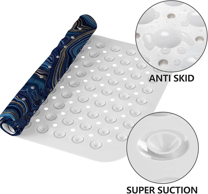 LNOND Marble Bath Tub Mat Non Slip, Extra Long 40 X 16 Inch Anti Slip Mat for Bathtub, Blue Luxury Marble Shower Mat with Drain Holes and Suction Cups, Machine Washable