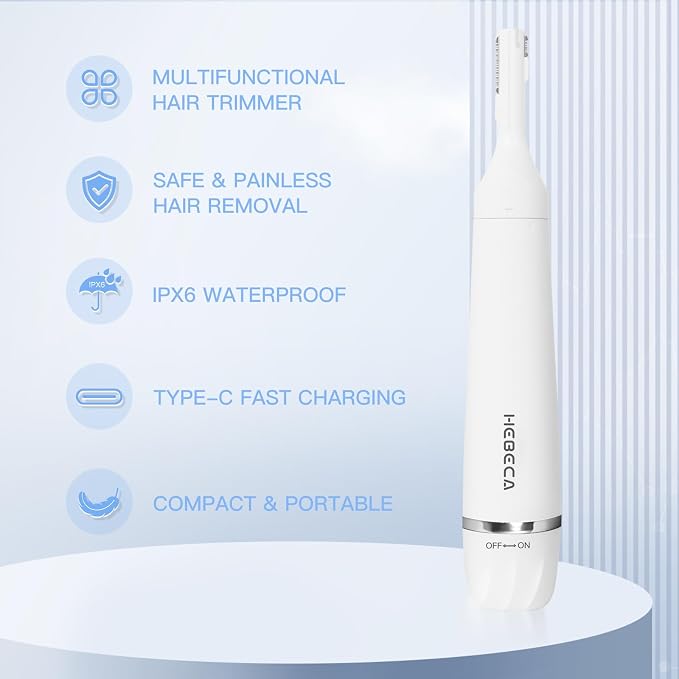 HEBECA Ear Nose Hair Trimmer for Women, Eyebrow & Face Hair Trimmers, 3in1 Electric Facial Hair Trimmer, Waterproof & Rechargeable Women's Face Hair Remover Portable (White)
