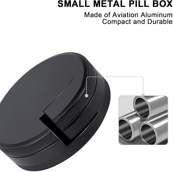 Metal Pill Case 4 Compartments - Travel Pill Organizer Waterproof, Small Pill Box for Purse, Compact Medicine Container Pill Dispensers Holder for Vitamin, Fish Oil, Supplement (Black)