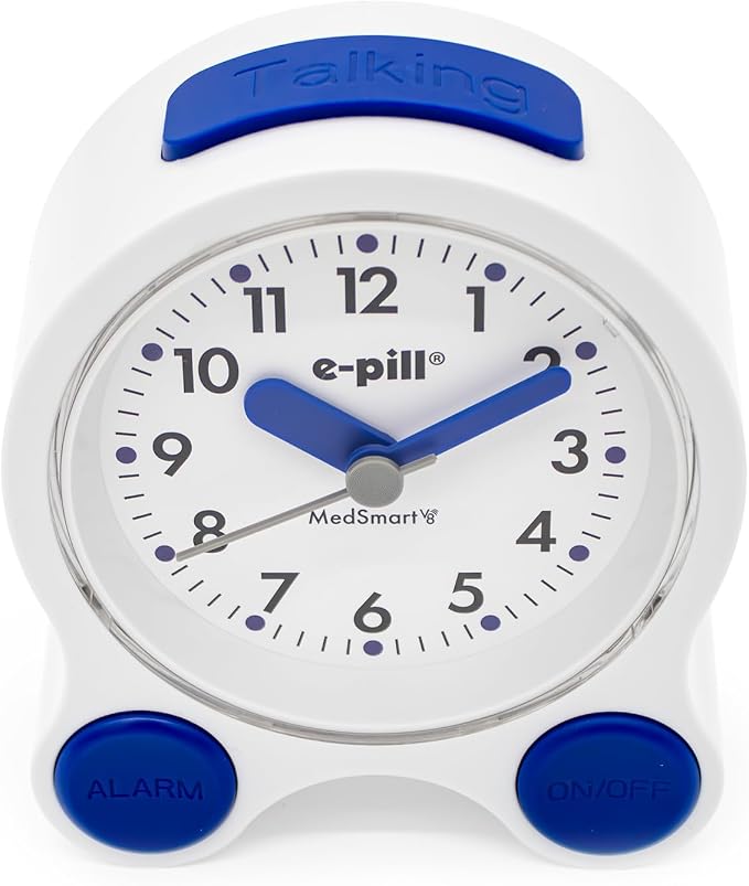 e-Pill MedSmart V8 Medication Reminder Clock for Seniors – 8 Loud Daily Alarms, Atomic Auto-Set Time, Large Easy-Read Screen, White