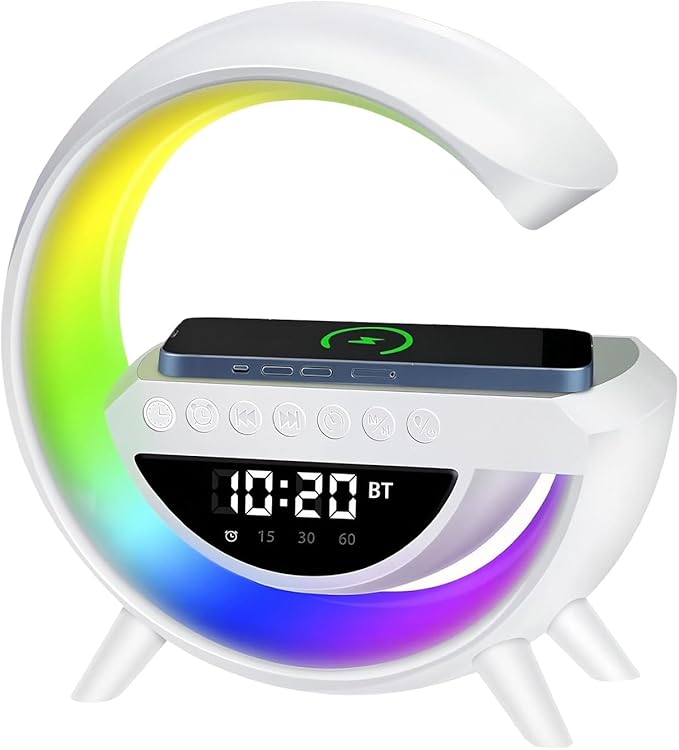 Saker G-Shaped LED Wireless Charging Bluetooth Speaker, 3-in-1 LED Digital Alarm Clock Radio with 13 RGB Lights & Noise, 360° Surround Sound Nightstand Clock with FM Radio for Bedroom Office (White)