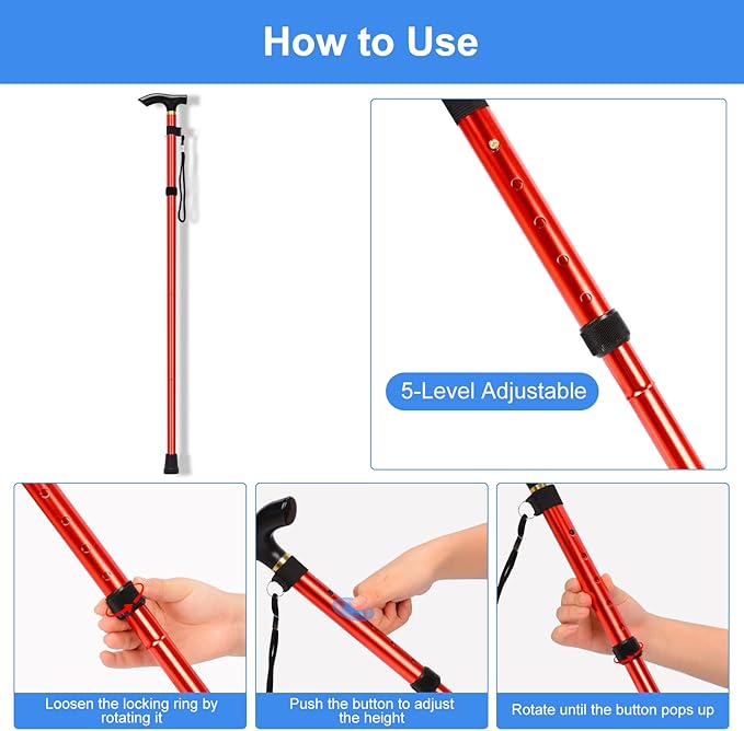 supregear Folding Cane, 5-Level Adjustable Height Walking Stick Lightweight Collapsible Portable Travel Cane with Wrist Strap and T Handle for Elderly Disabled Men Women