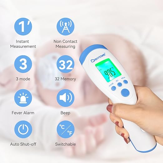 Berrcom Non-Contact Infrared Forehead Thermometer for Adults and Kids | 3-in-1 digital LCD display, fever alert, contactless reader, fast & accurate, for home use