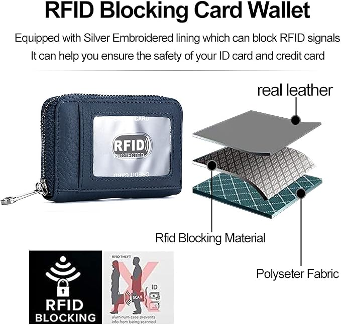 Genuine Leather Credit Card Wallet Accordion Zipper Rfid Credit Card Holder Small Coin Purse with ID Window (dark blue)