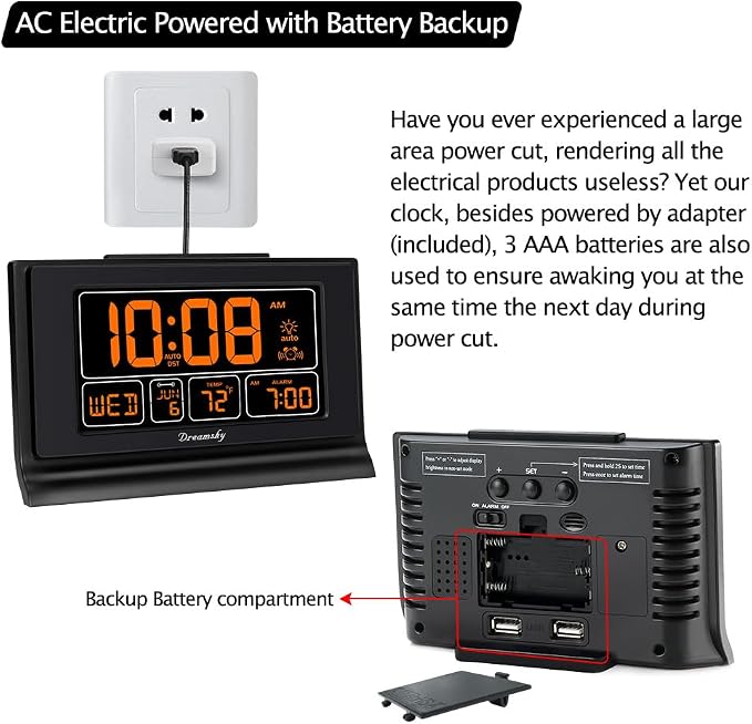DreamSky Digital Alarm Clock with Battery Backup, 5 Inch Large Display, Auto Set Clock, USB Charging Ports, 12/24H | Digital Clock with Date & Day of Week, 5 Inch Large Display, Weekday, Temperature, USB Port, Auto DST, Brightness Dimmer
