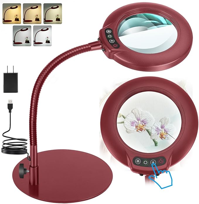 IVMAIE 12X Magnifying Glass with Light, Real Glass Lens, 5 Color Modes Dimmable, Flexible Gooseneck Lighted Magnifier with Stand, LED Desk Lamp Hands Free for Crafts Painting Reading Close Work, Red