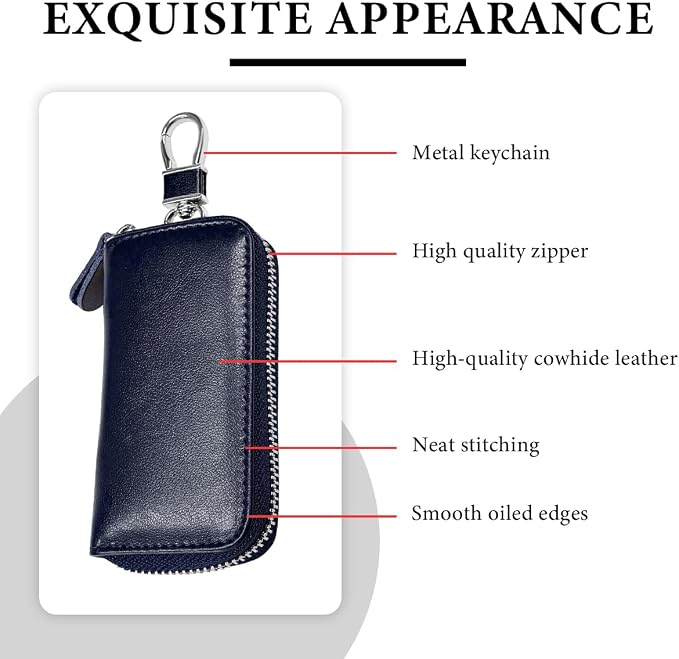 Leather Car Key Holder Bag, Unisex Key Fob Case with 6 Hooks, Zipper Closure Keychian Case Wallet for Smart Keys (Royal Blue)