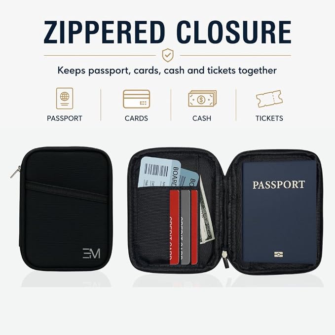 EM RFID Passport Holder with Zipper for Travel, AirTag Card Case, Black | Ideal for 1 passport, cards, cash, ID and boarding pass. Size: 4.7 x 0.8 x 6.1 in (L x W x H) with discreet AirTag pocket