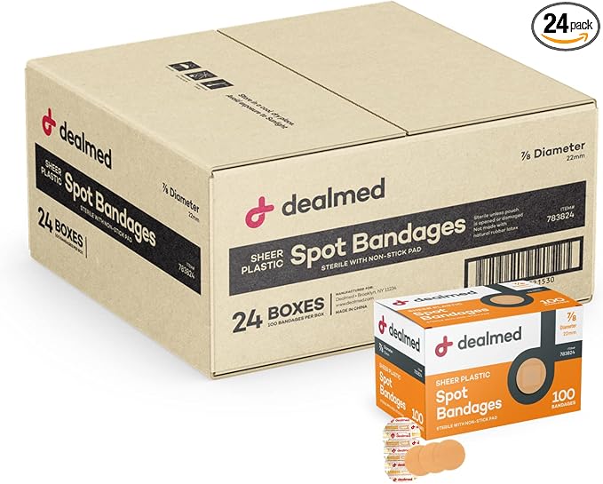 Dealmed Sheer Plastic Spot Bandages – 7/8” Small Round Sterile Strips, Adhesive Outer with Non-Stick Pad, Latex Free, Wound Care for First Aid Kit, 100 per Box (24 Pack)