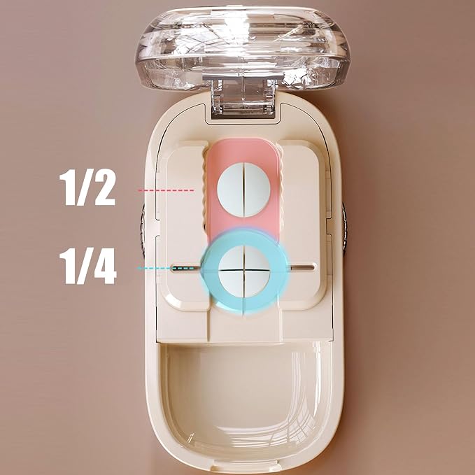 Pill Cutter for Cutting Multiple, 1/2 1/4 Pill Splitter for Large, Small and Tiny Pills, Portable Pills Cutter,Storage Organizer, Accurate Centering Alignment Device (White)