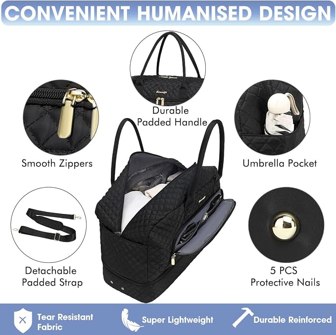 Initial Travel Duffle Bag for Women - Black Personalized Weekender bags Overnight Bag with Shoe Compartment & Wet Pocket Weekend Tote Bags with Toiletry Bag Monogram Christmas Gift (Letter M)