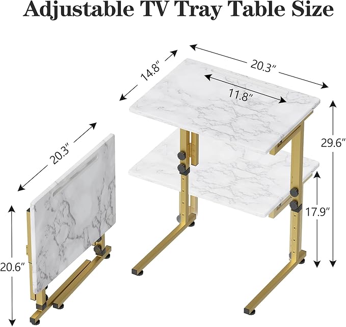Folding tv Tray Dinner Snack Table,6 Height Adjustable Slide Under Couch Side Table, Portable Small Foldable C-Shaped End Table for Eating with Sturdy MDF Top,No Assembly(White Marble+Gold)