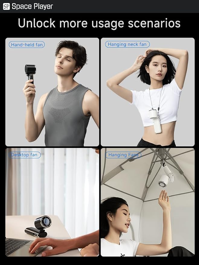 Space Player Portable Handheld Fan, 9000mAh, Turbo Airflow, Cooling Plate | 100 Adjustable Speeds, LED Display, USB-C Rechargeable, 4-in-1 Design for Neck Wear, Desktop, Hanging, Travel and Outdoor Use