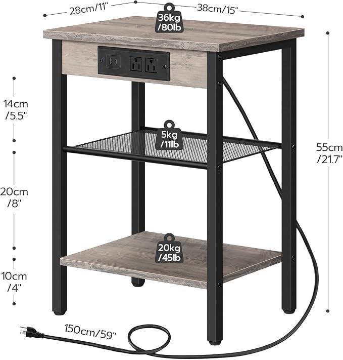 HOOBRO Side Table with Charging Station and USB Port, Small End Table for Small Space, 3-Tier Nightstand with Adjustable Shelf, for Living Room, Bedroom, Greige and Black BG112BZ01