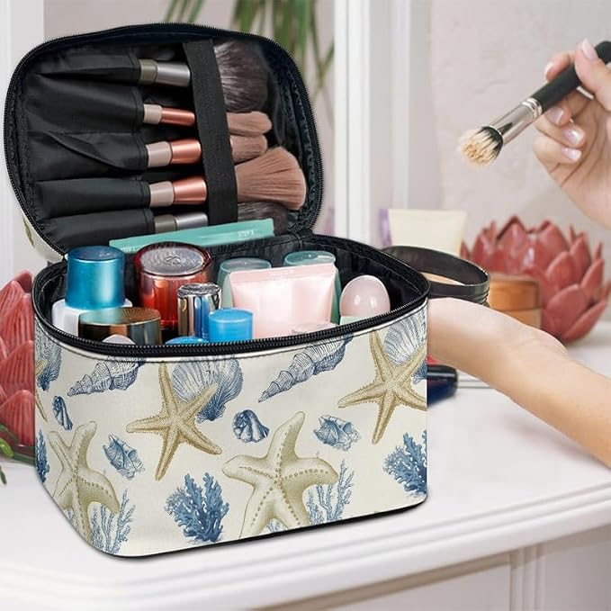 Seashells Starfish Travel Makeup Bag Toiletry Bags for Women, Hand Drawn Sea Life Portable Large Capacity Cosmetic Pouch Brush Storage Organizer