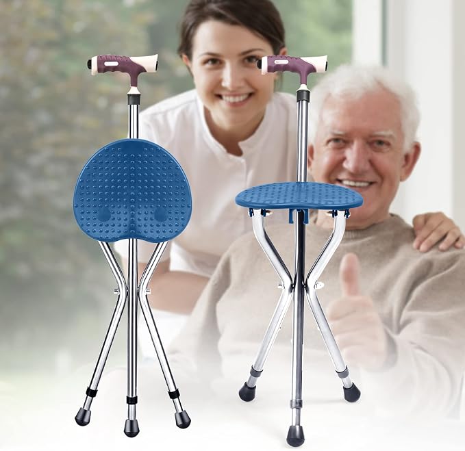 GYMAX Walking Stick Chair Combo, Folding Cane Seat with LED Light, Massage Seat Board & Ergonomic Handle, Adjustable Anti-Skid Walking Stick with Stool, Lightweight Outdoor Travel Rest Stool