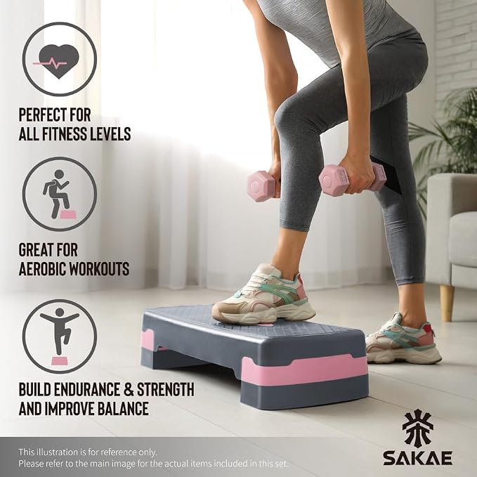 Adjustable Height Aerobic Stepper Set, Multiple Bundle Options with Dumbbells, Kettlebell, Waist Trimmer, Ankle Weights or Weighted Vest, Workout Exercise Step Platform w/Level Risers, 4 Colors