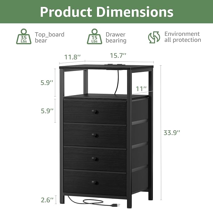 BOLUO Tall Night Stand with Drawers, Black Nightstand with Charging Station and LED Light, Small White 4 Drawer Dresser for Bedroom, Room Storage Closet
