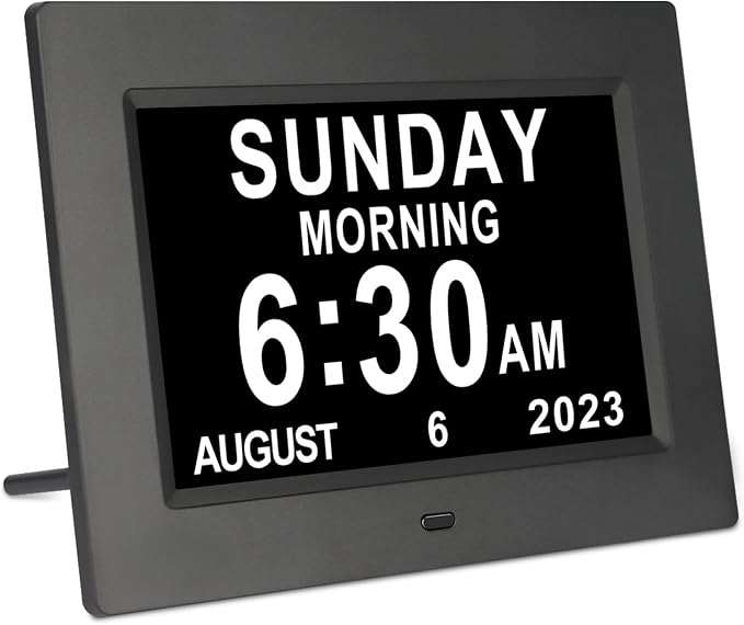 TSITSC 7 Inch Digital Day of The Week Clock Extra Large Non-Abbreviated Dementia Day and Date Time Clocks for Seniors Elderly Impaired Vision Memory Loss 12 Alarm Reminders + Auto-Dimming(Black)