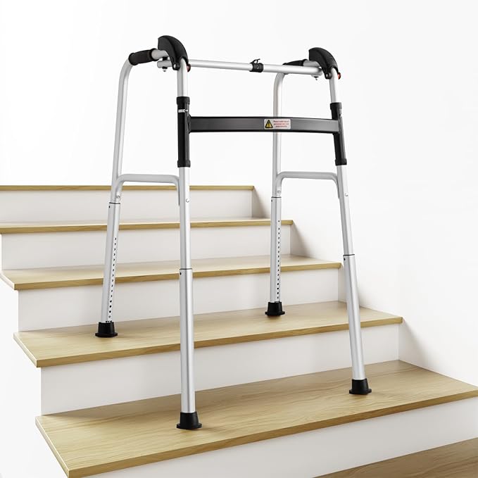 Foldable Stair Climbing Walker for Seniors | Adjustable Height, Wheel-Free Walking Aid, Lightweight Aluminum Alloy, Supports Up to 300lbs, Portable Stair Assist Bar