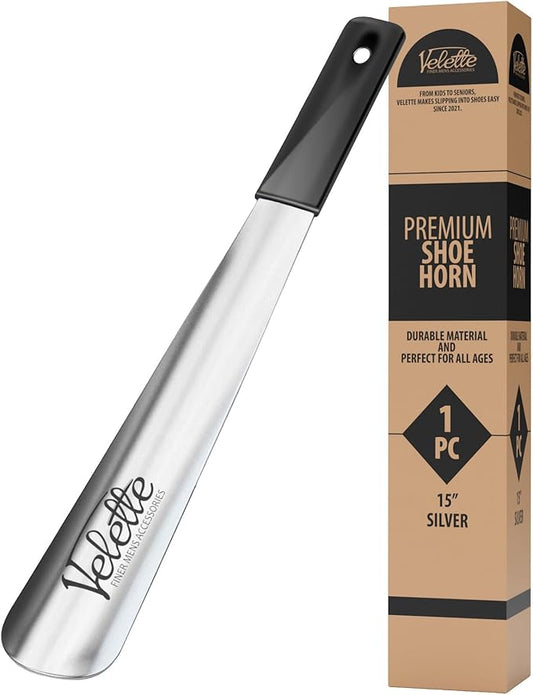 Velette Metal Shoe Horn Long Handle for Seniors - 15" Long Shoe Horns for Men, Women and Kids - Boot Horns, Shoehorn Long-Handle, Shoes Spoon, Stick Helper for Cowboy Boots, Sneakers, Dress Shoes