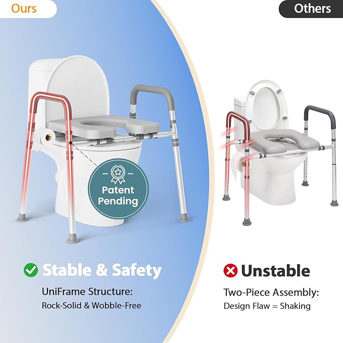 Toilet Seat Risers for Seniors, Raised Toilet Seat with Padded Handles & Seat, 400 LBS Raised Toilet Seat with Adjustable Height & Width for Pregnant, Disabled, Handicapped,(Gray)