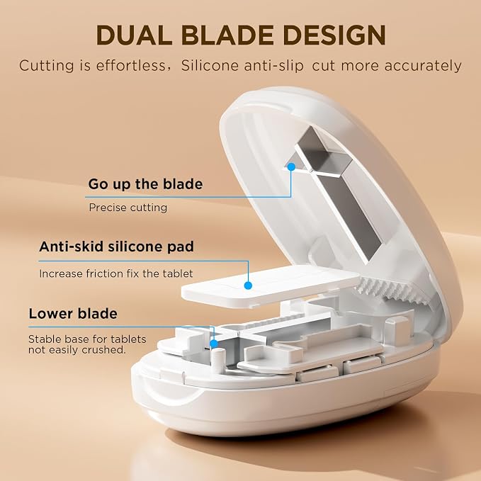 Pill Cutter Splitter for Small and Tiny Pills, 1/2 1/4 Pill Splitter for Small Pills,Vitamins, Tablets in Half or Quarters, Accurate and Easy Cutting, Stainless Steel Blade, Back Storage (White)