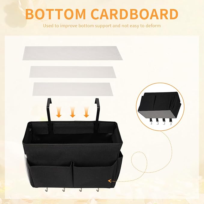 Bedside Caddy Organizer 5 Pockets and 4 Hooks for Bunk Bed Black | Hanging Storage Bag for Headboards