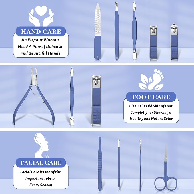 Manicure Set Professional Nail Clippers Pedicure Kit, 12 Pcs Stainless Steel Nail Care Tools Grooming Kit with Luxurious Travel Leather Case for Men Women Gift (Blue)