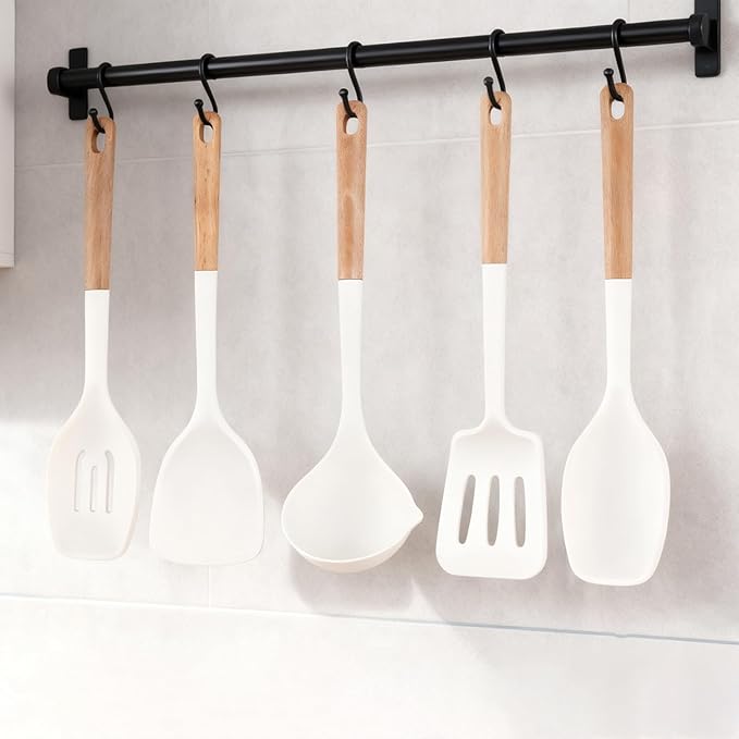 Silicone Cooking Utensils Set 5 Pcs Large Non-Stick Kitchen Utensils Set, Wooden Handle Heat Resistance Turner Soup Ladle Spoon Silicone Cooking Kitchen Gadgets BPA Free for Nonstick Cookware
