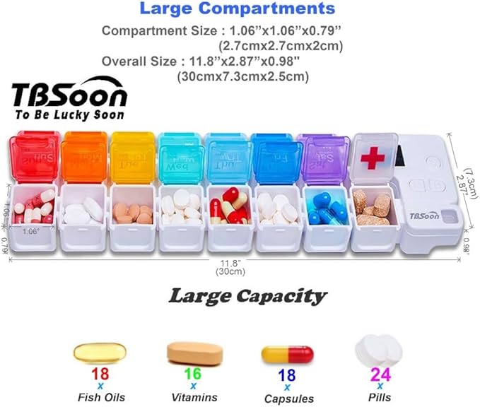 7 Day Medicine Pill Organizer, 4 Reminder Alarms, Loud Sound, 14 Large Compartments, Large Screen, Moisture-Proof, Travel Weekly/Daily Pill Box/Organizer/Case/Container/Dispenser, AM/PM 2 Times a Day