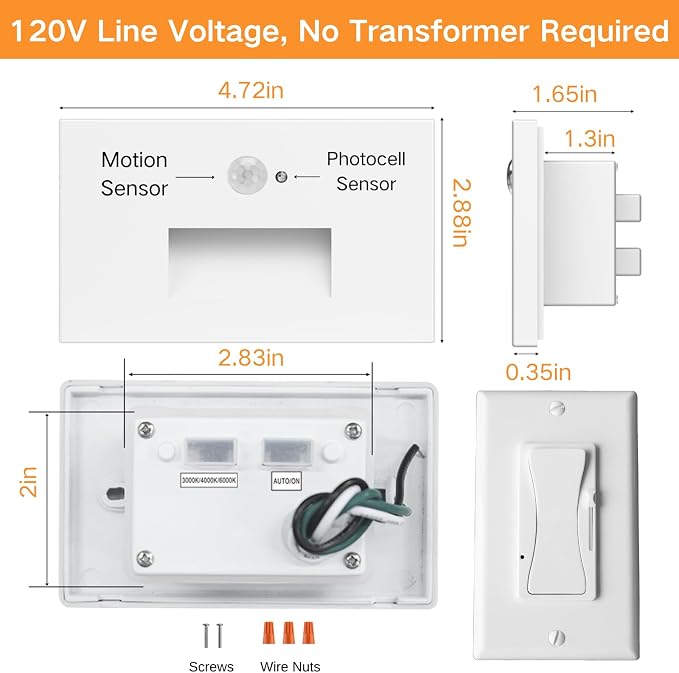 4 Pack 3CCT 120V Motion Sensor Step Lights with Dimmer Switch, White | Hardwired LED Stair Lights Indoor Outdoor, 5%-100% Dimmable, 3000K/4000K/6000K, 5W 500LM, IP65 Waterproof, Aluminum, ETL