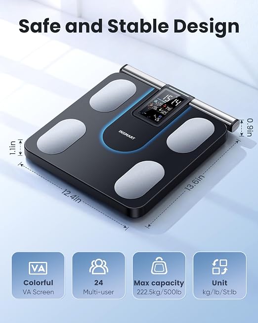 Smart Scale for Body Weight, INSMART 8-Electrode Bathroom Scale with BMI Body Fat Muscle Mass, 56 Body Composition Analyzer, Larger Platform Weight Scale with Colorful VA Screen on Handle