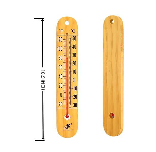 Large 10.5 Inch Vertical Wooden Thermometer | Indoor & Outdoor Use, -20°F to 120°F/-30°C to 50°C, Battery-Free, Weatherproof, Easy to Read & Ready to Hang