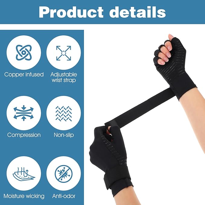Copper Arthritis Compression Gloves with Wrist Strap, Fingerless Hand Compression Gloves for Women Men Carpal Tunnel