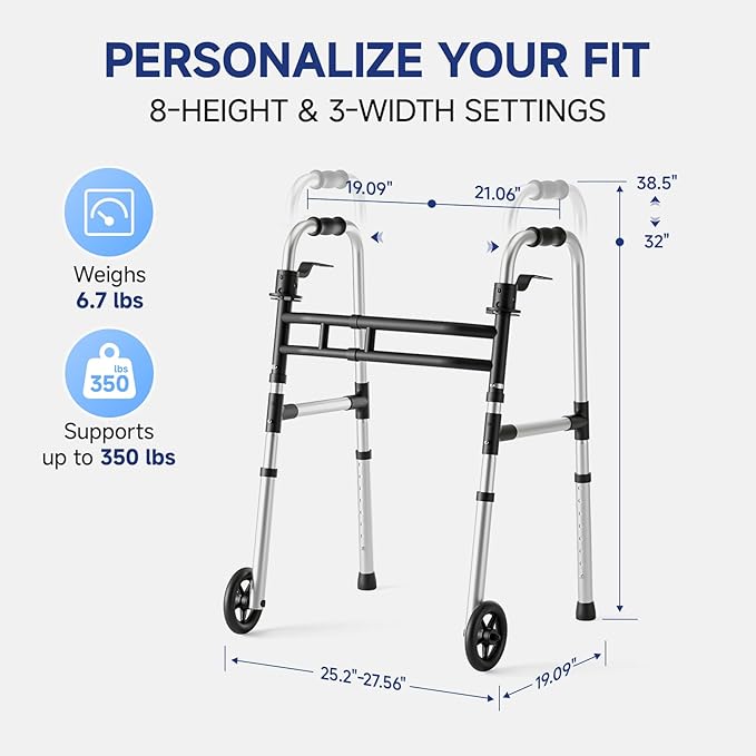 Walkers for Seniors Foldable, Aluminum Lightweight Walker with Wheels, Adjustable Height & Width Standard Walkers for Elderly & Disabled, 350 lbs Capacity, Silver