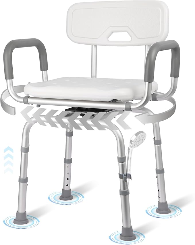Swivel Shower Chair with Arms and Back, Heavy Duty 400lb Capacity 360° Swivel Stool for Elderly, Disabled & Bariatric Adults, for Shower & Tub, Tool-Free Height Adjustment(16.54"-19.29")