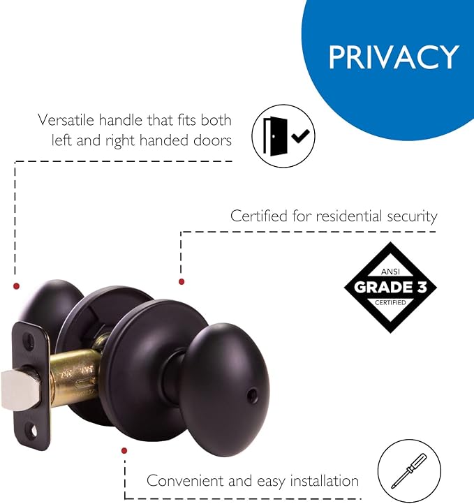 Design House 779181 Egg Privacy Bed and Bath Door Knob Matte Black | Adjustable Latch, Surface, Traditional, Brass, Hardware, 779181