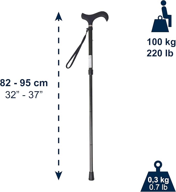 KMINA Folding Cane for Men and Women (Carbon Fiber), Soft Grip, Adjustable Height, Lightweight, Black, PRO Model