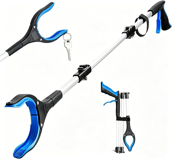 43" Extra Long Grabber Tool, Foldable Reacher Grabber Pickup Tool with 360° Rotating Jaw & Magnet, Trash Claw Grabber Tool, Extension Grabbers for Seniors, Blue