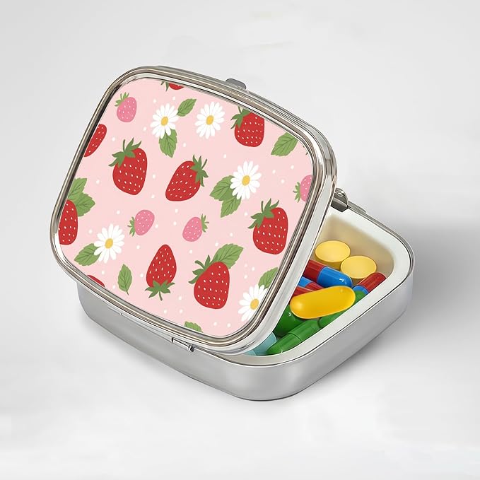 LRITER Pill Case, 2 Compartment Portable Small Travel Pill Organizer for Purse and Pocket, Stylish Medicine Case with Multiple Patterns, Daily Pillbox for Home & Travel (Strawberry)