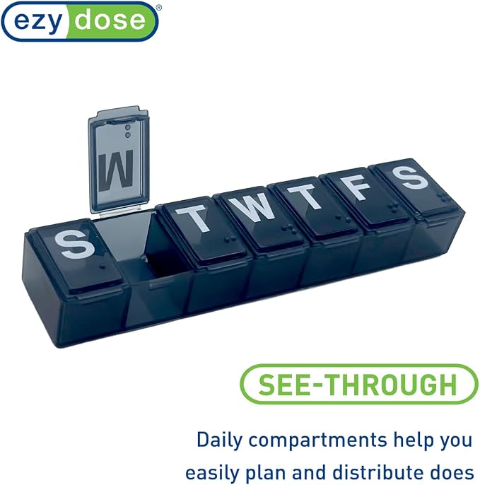 EZY DOSE Weekly (7-Day) Daily Pill Organizer, Vitamin Planner, Medicine Container, Case for Supplements and Fish Oils, Convenient and Easy to Use, Medium Compartments, Travel Friendly, Black, BPA Free