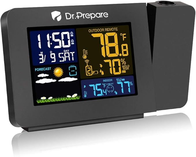 DR.PREPARE Projection Alarm Clock, Indoor Outdoor Temperature Display, Dual Alarms, Snooze, Weather Forecast, Digital Clock Projector for Bedroom