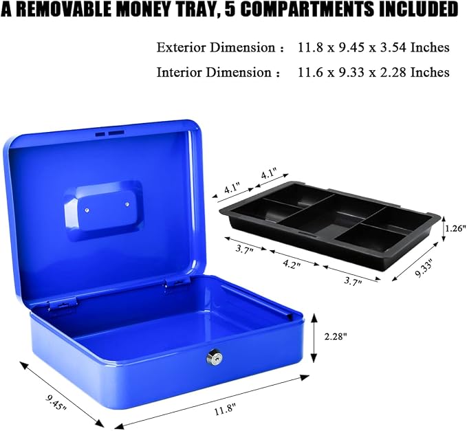 Jssmst Large Cash Box with Key Lock - Durable Metal Cash Box with Money Tray, 11.81 x 9.84 x 3.46 inches (X-Large, Blue)