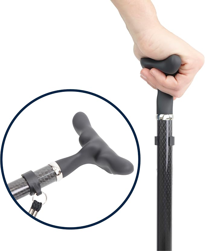 KMINA Folding Cane for Men and Women (Carbon Fiber), Soft Grip, Adjustable Height, Lightweight, Black, PRO Model