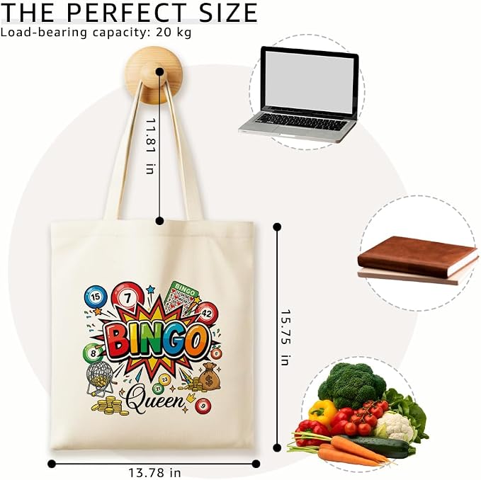 Bingo Queen Women Canvas Tote Bag, Funny Bingo Lover Reusable Shopping Bag for Women Senior Grandma Mom Friend, Colorful Bingo Game Shoulder Tote, Cute Casino Party Gifts for Bingo Player